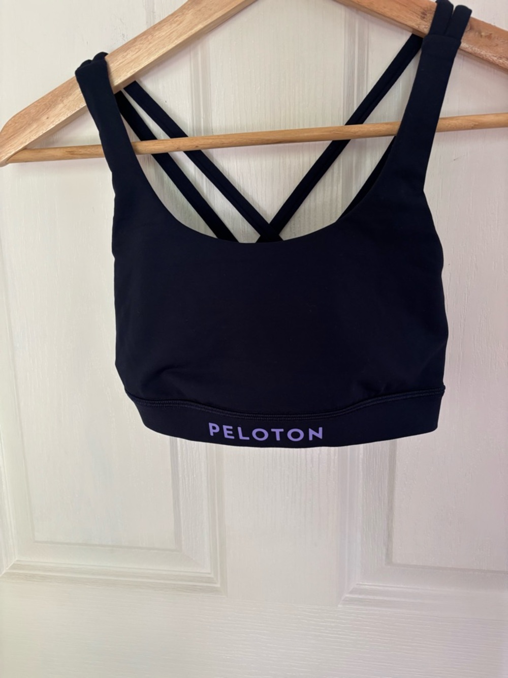 Peloton Lululemon Navy Sports bra with Lilac Logo and Strappy Back size 2